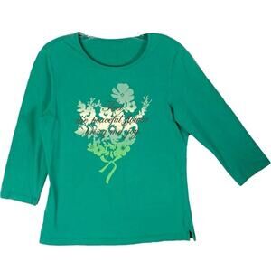 CROCODILE Korea Top ~M Mint 3/4 Sleeves Feel The Peaceful Flower Bring Me Joy
